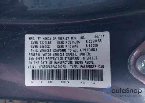 2014 Honda Accord Sport from USA, damaged, VIN 1HGCR2F51EA204228